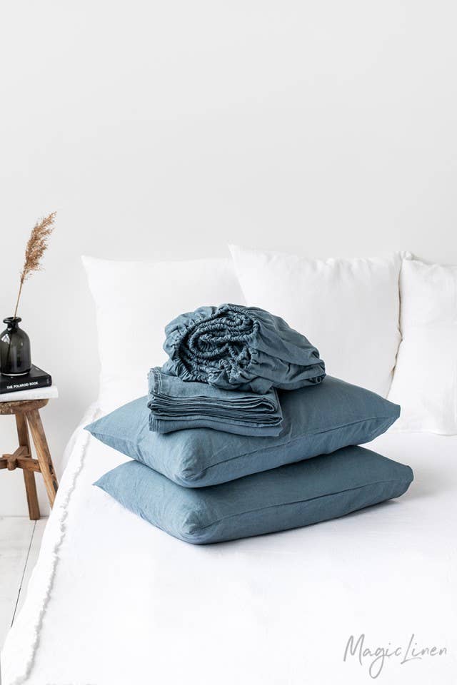 Linen sheet set in Grey blue (4 pcs) Bedding set