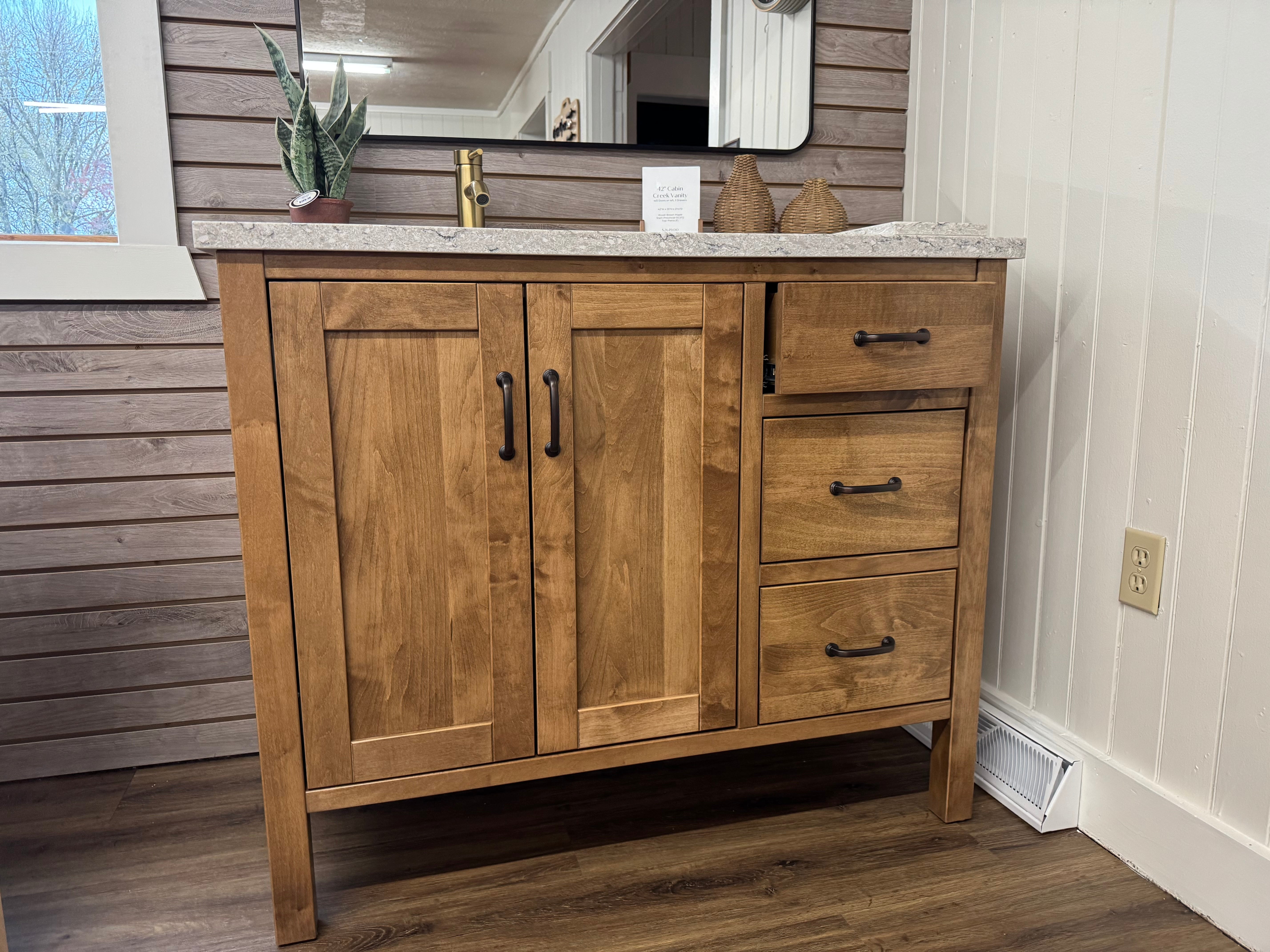 Front view of an Amish made 42 inch Cabin Creek bathroom vanity in solid maple - handcrafted furniture in Lancaster