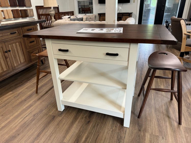 Front view of an Amish made solid maple kitchen island with a rough sawn solid oak top - handcrafted furniture