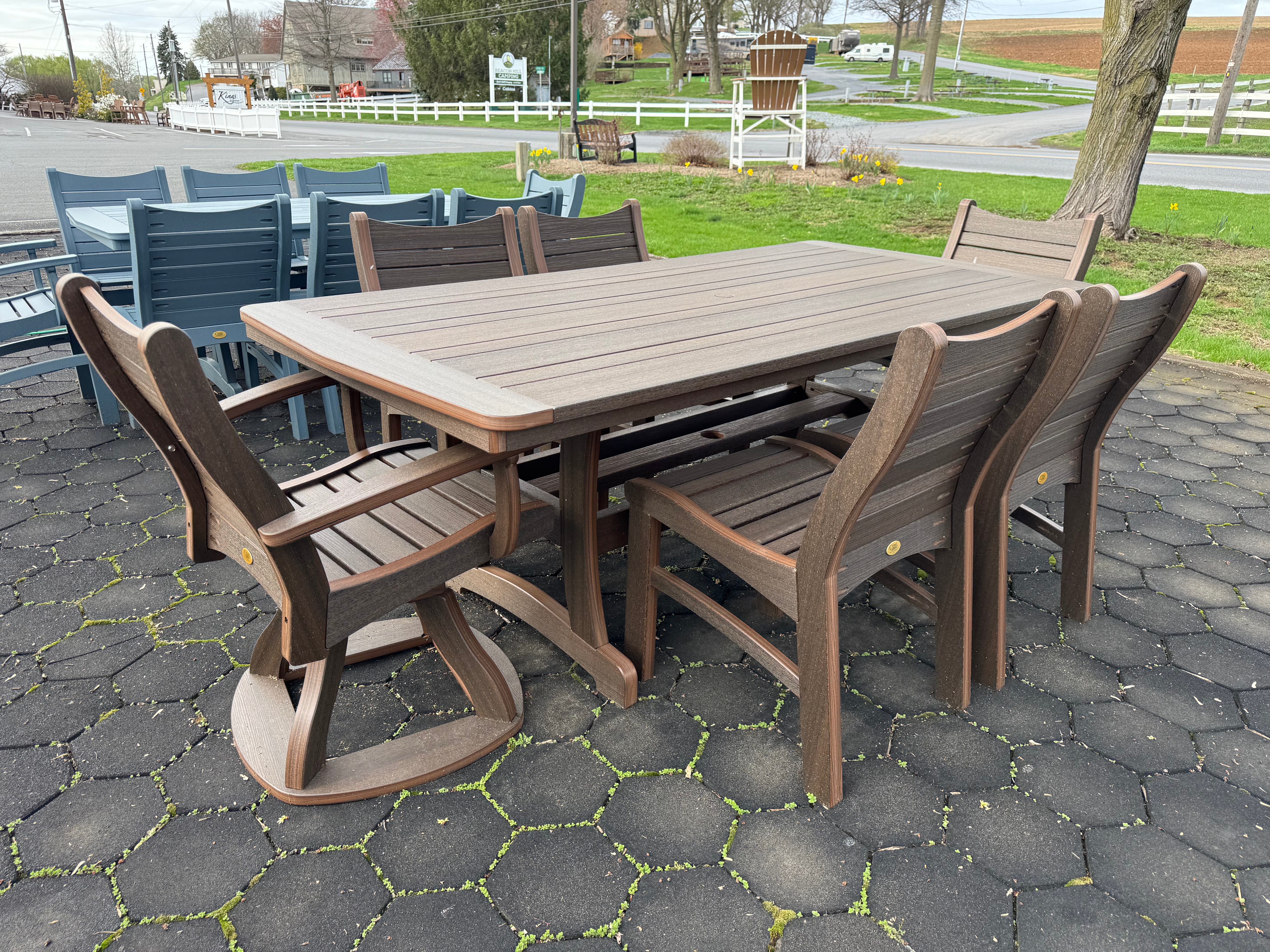 Amish made Bayshore patio dining table with four matching chairs and two swivel chairs - quality outdoor poly furniture near Lancaster