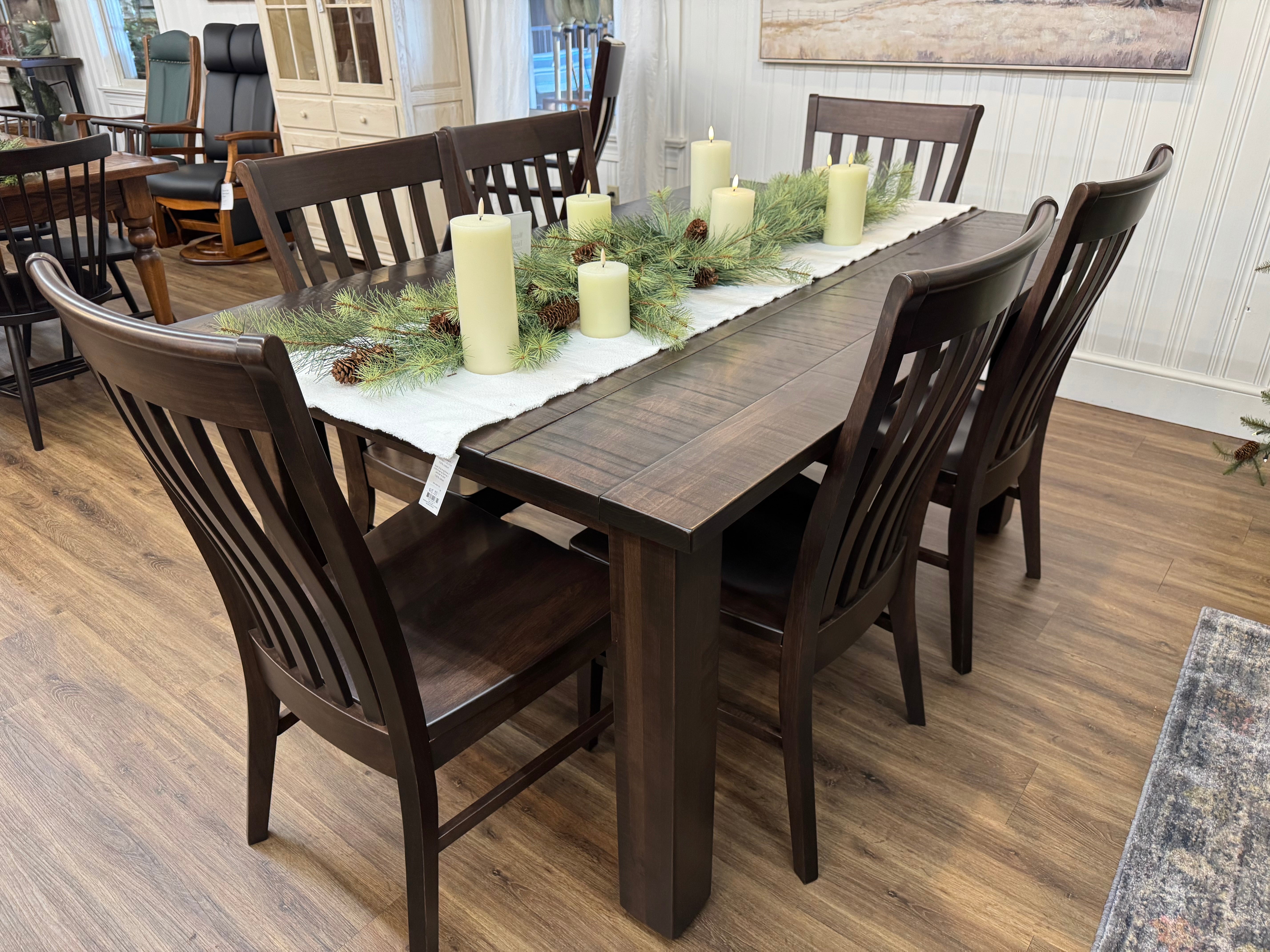Lancaster Amish made dining table in solid maple wood with six matching chairs - handcrafted furniture