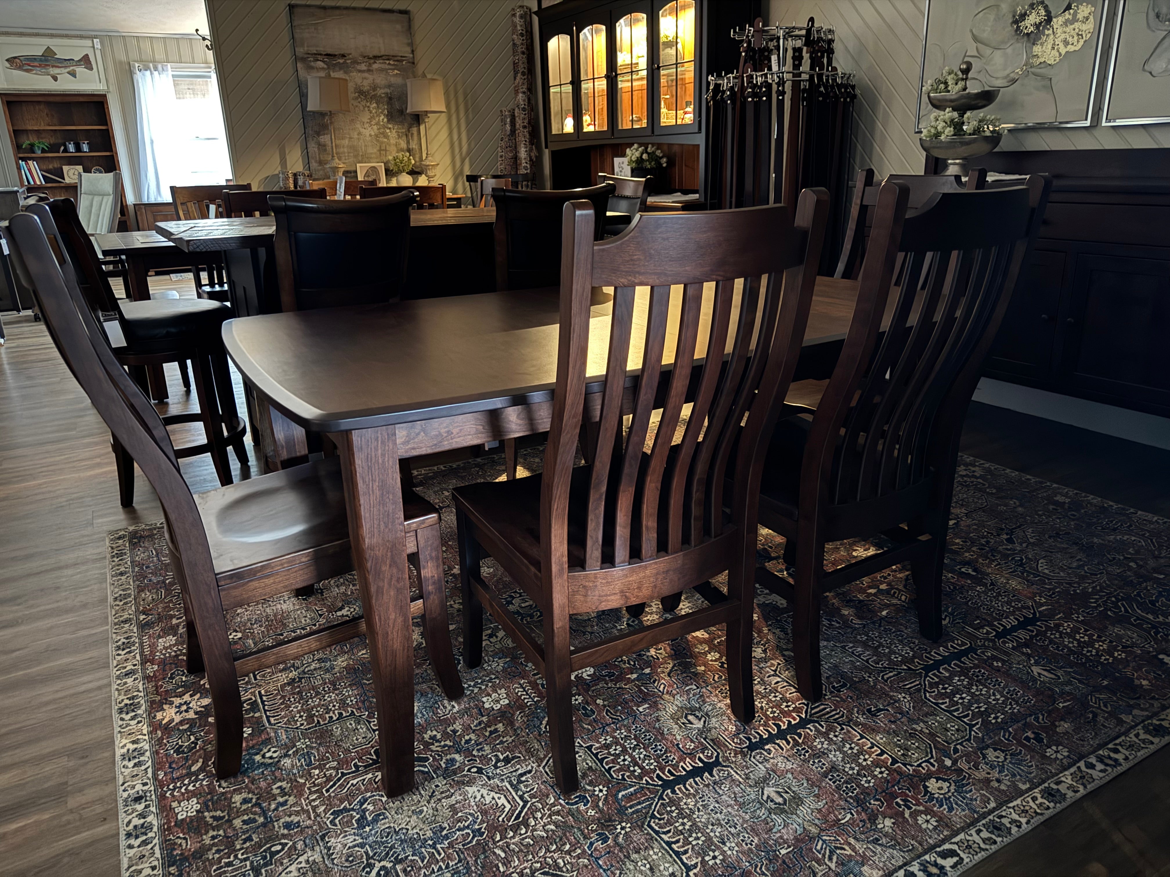 Lancaster handcrafted quality dining table in solid cherry wood with six matching chairs - Amish furniture