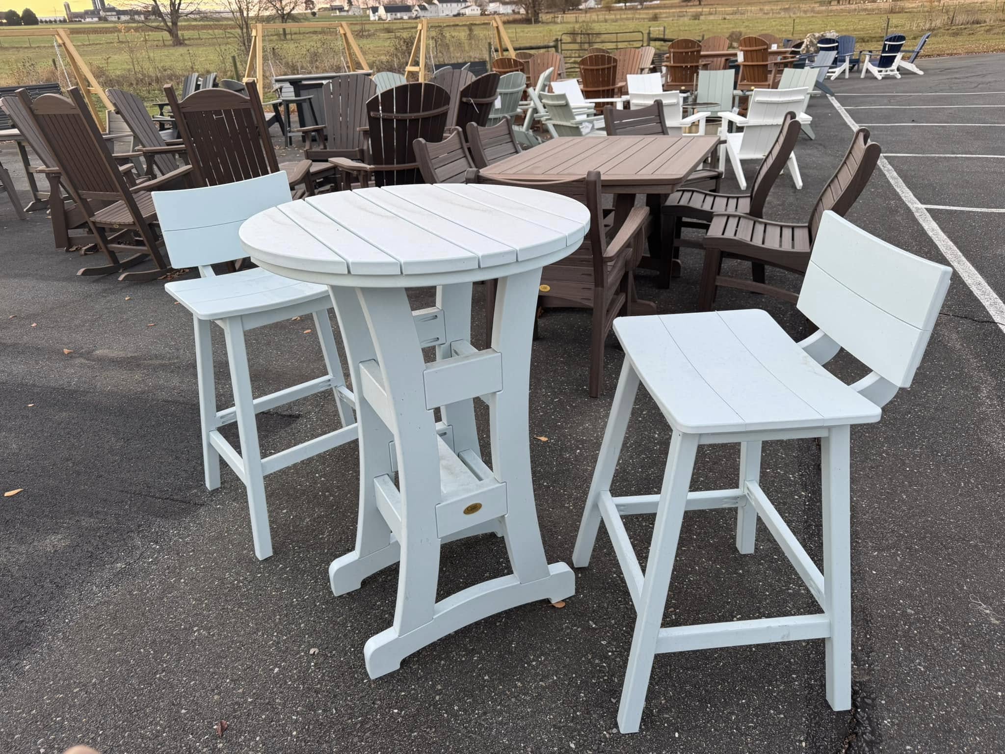 Bayshore outdoor round pub table with two matching chairs in white - outdoor patio furniture 