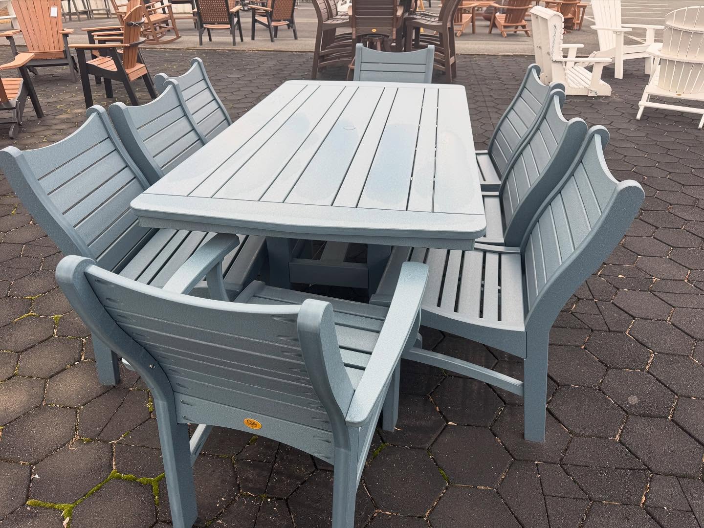 Amish made Bayshore patio dining table with six matching side chairs and two arm chairs - quality outdoor poly furniture near Lancaster, Pennsylvania