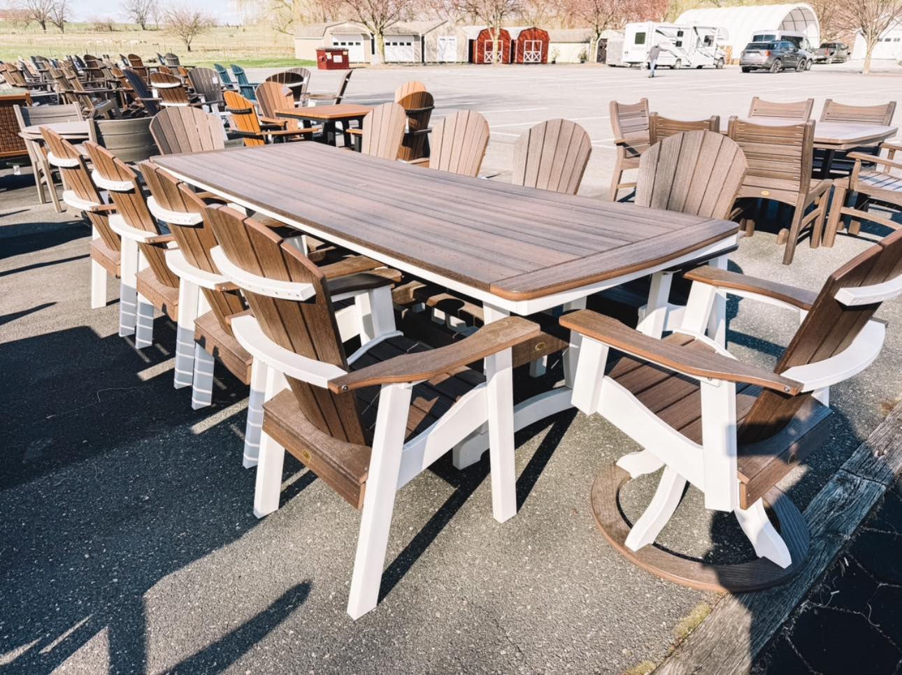 Amish made Bay Shore patio dining table with six matching chairs and two swivel chairs - quality outdoor furniture