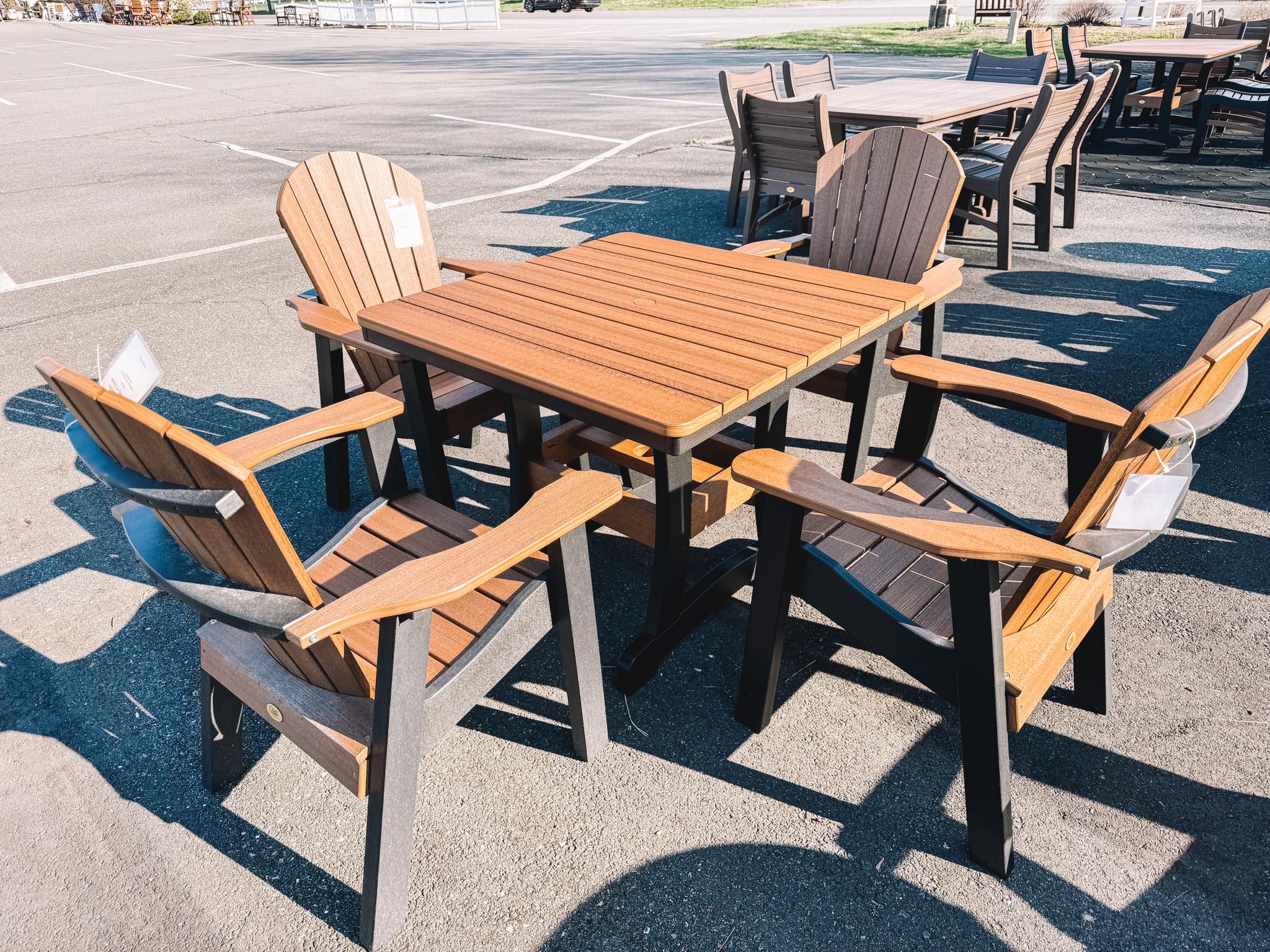 Amish made Bayshore outdoor square dining table with four matching arm chairs - outdoor patio furniture 