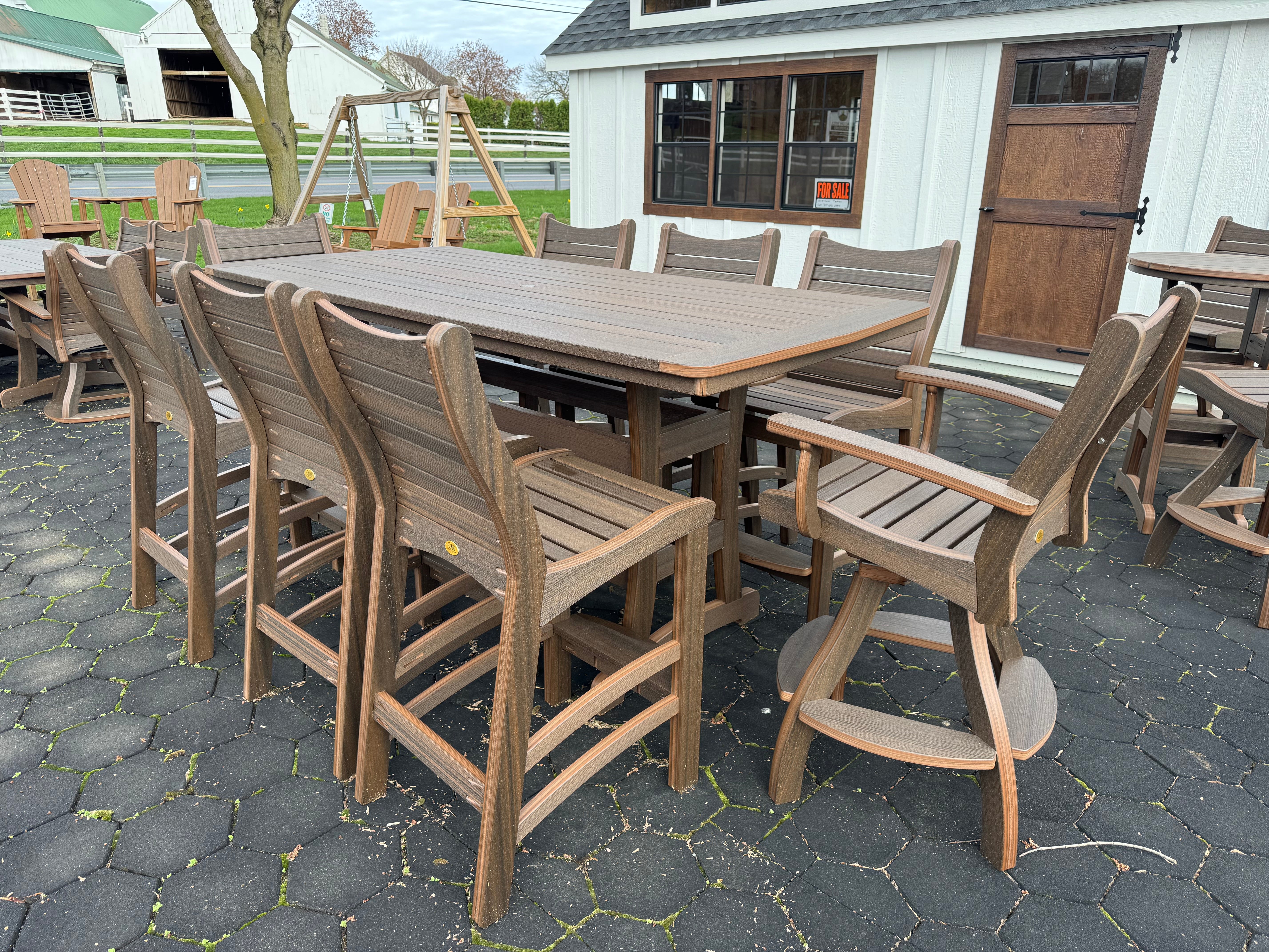 Amish made Bay Shore patio dining table with six matching chairs and two swivel chairs - quality outdoor furniture in Lancaster, Pennsylvania