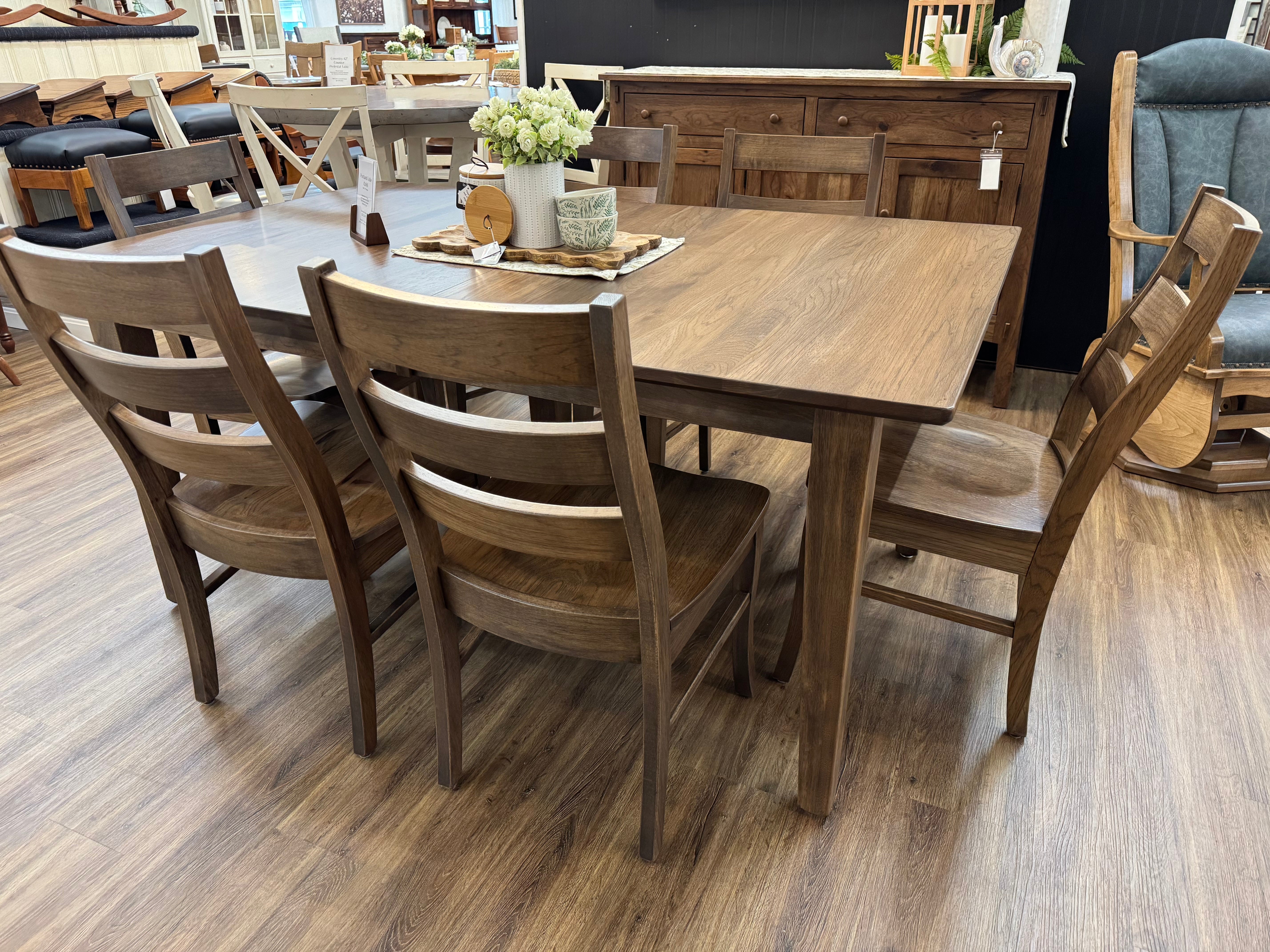 Amish made Portland dining table in rustic hickory, with six matching chairs - handcrafted furniture in Lancaster Pennsylvania