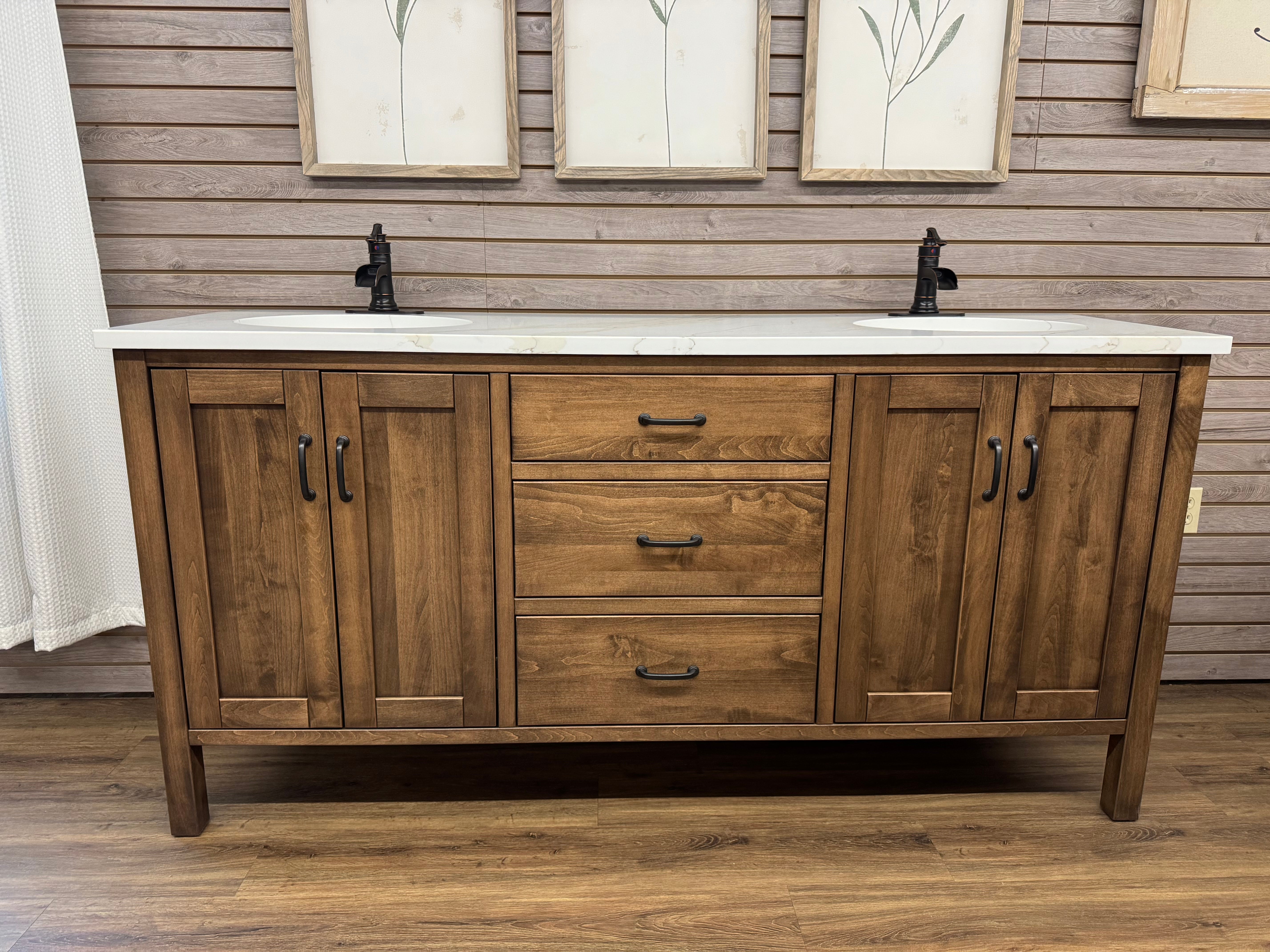 Front view of an Amish made 72 inch Cabin Creek bathroom vanity in solid maple - handcrafted furniture in Lancaster
