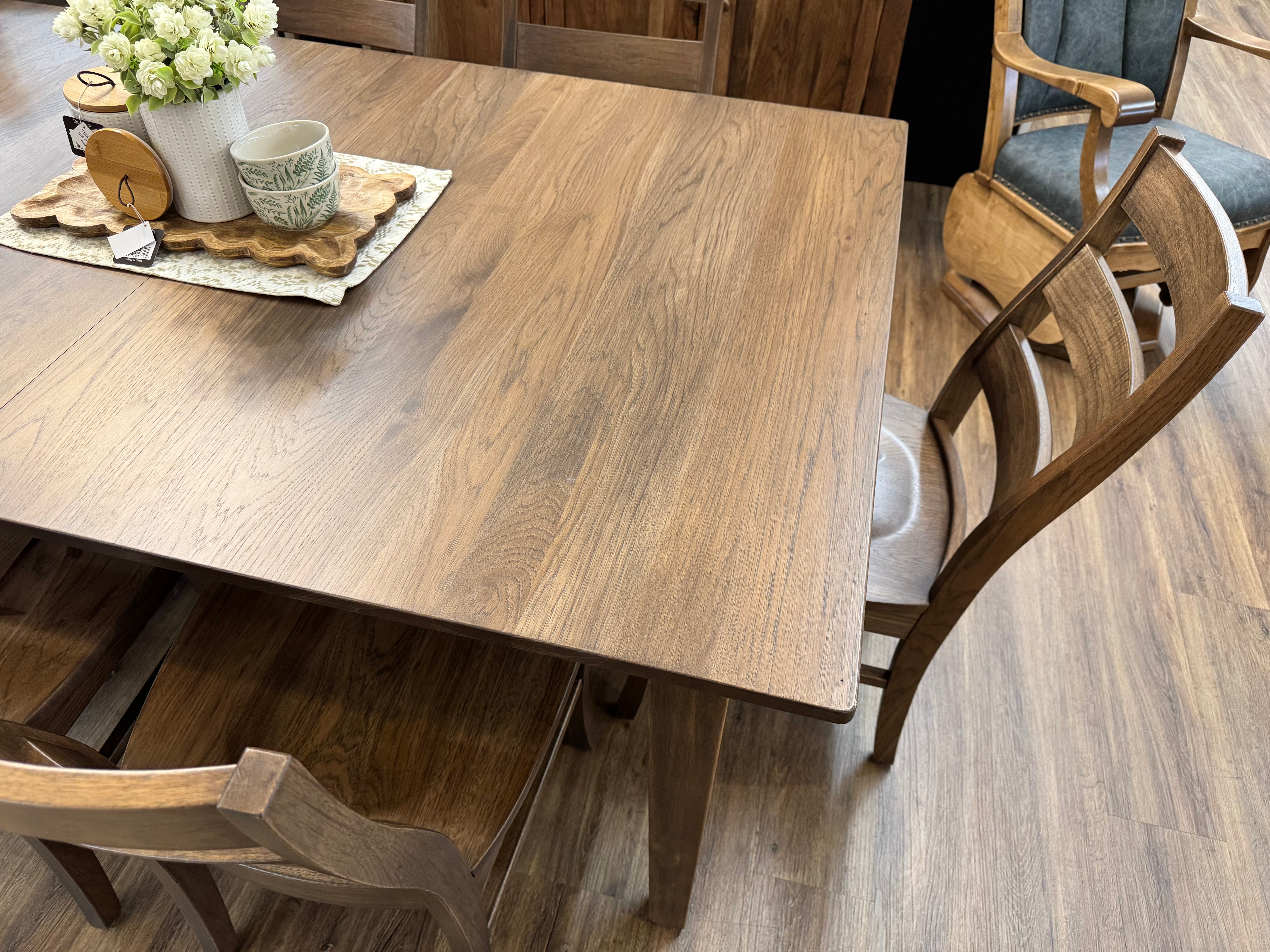 Amish made Portland dining table in rustic hickory, with six matching chairs - handcrafted furniture near Lancaster