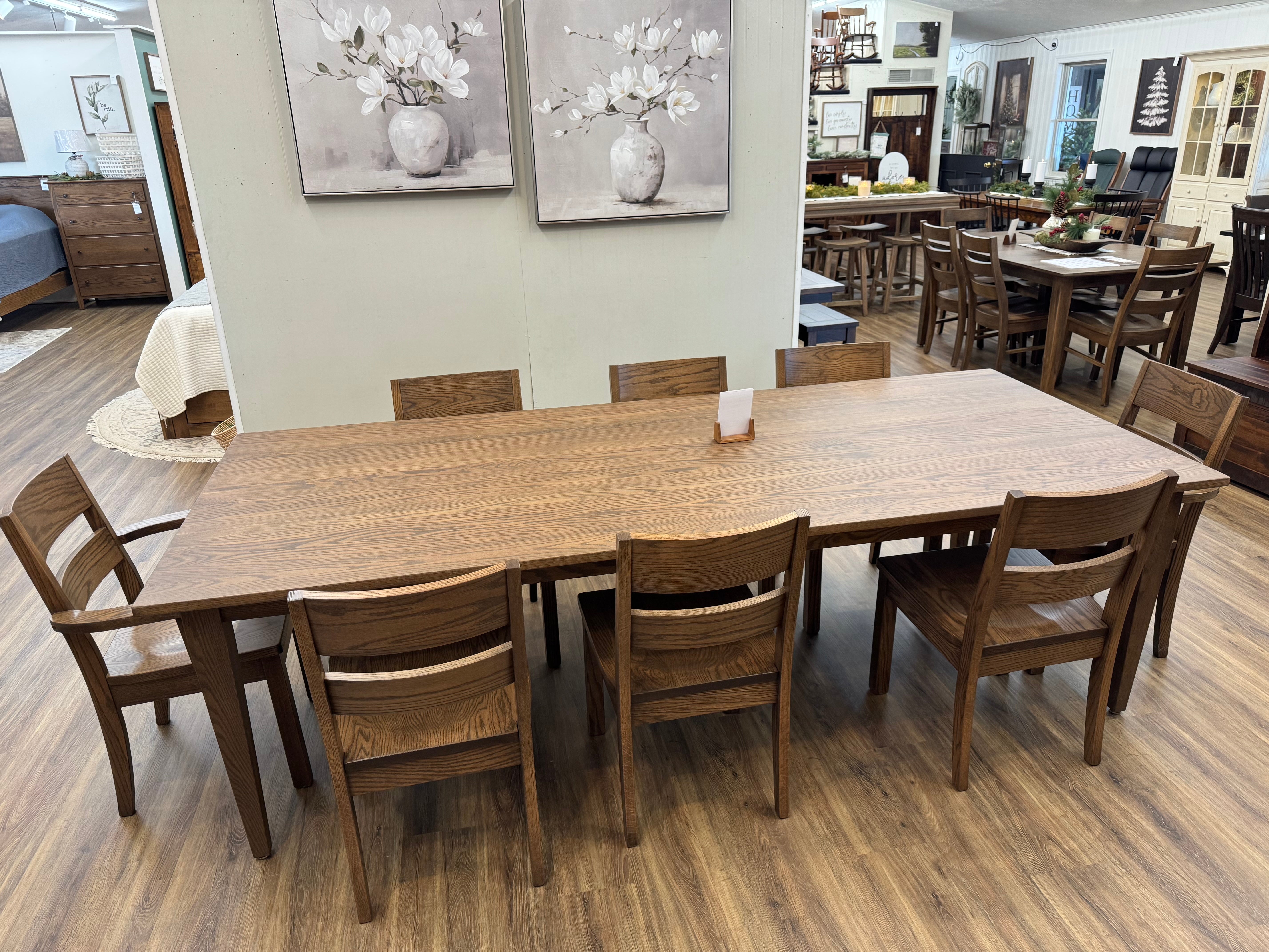 Amish made shaker leg dining table in solid oak, with eight matching chairs - handcrafted furniture in Lancaster Pennsylvania