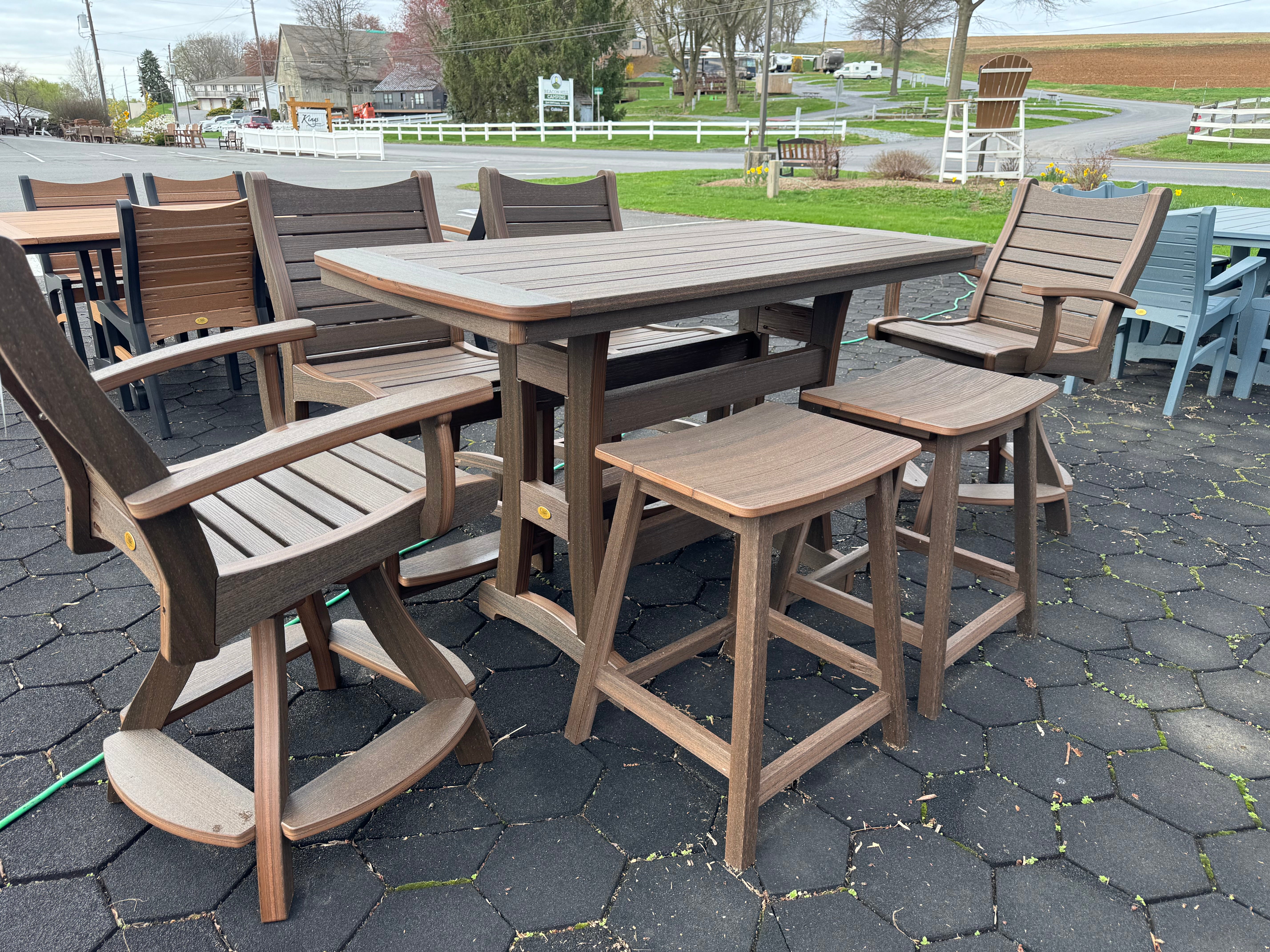 Amish made Bayshore patio pub table with  two matching swivel chairs, two side chairs, and two stools - handcrafted outdoor poly furniture 