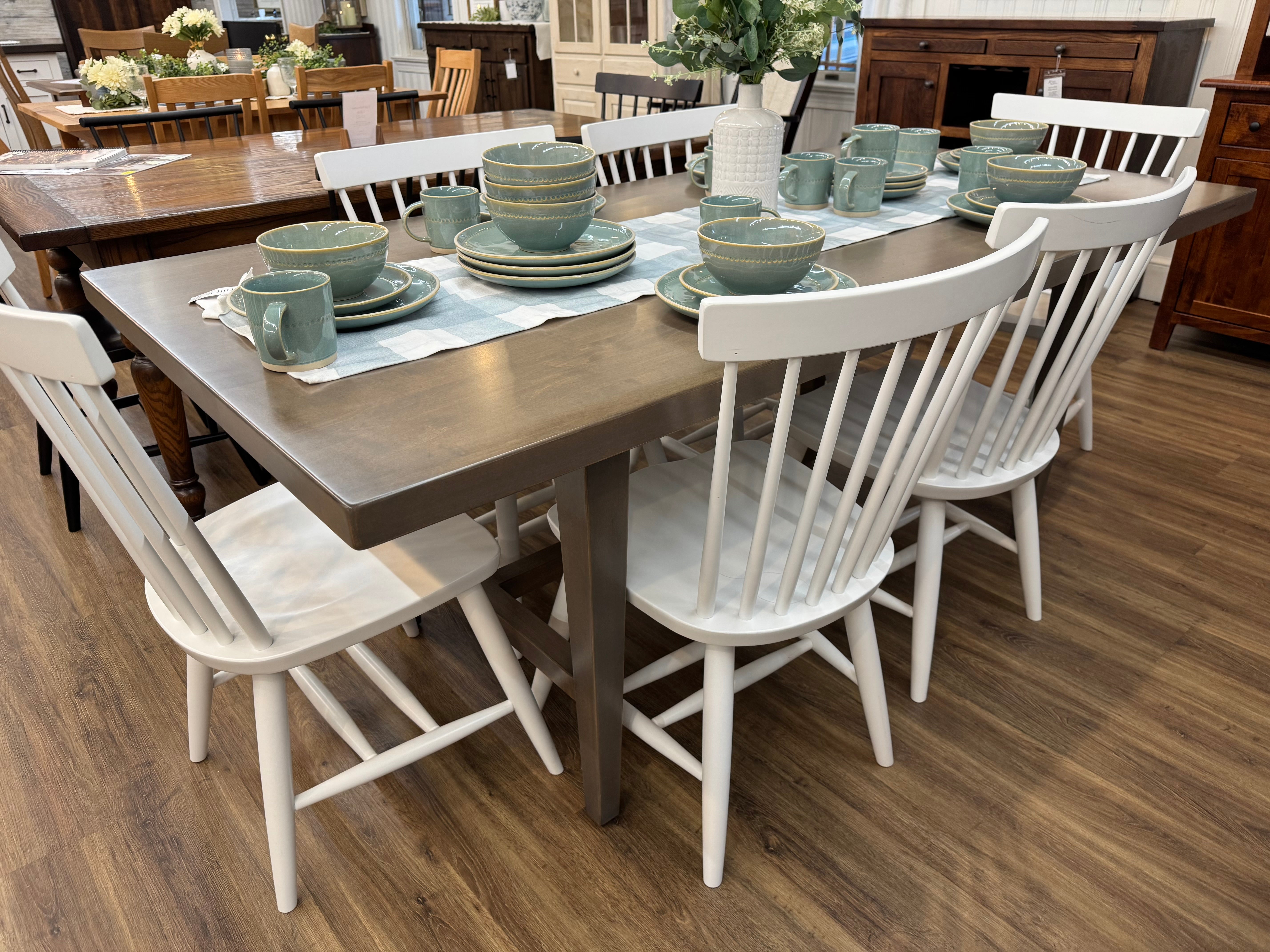 Amish made Wheaton dining table in solid maple, with  six white chairs - handcrafted furniture near Lancaster Pennsylvania