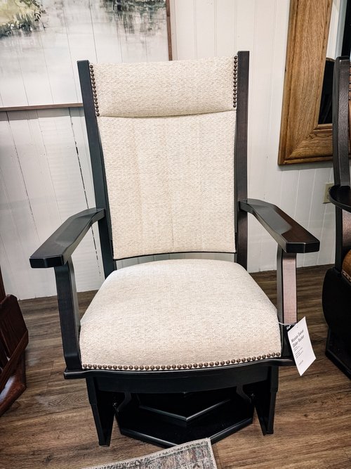 Handcrafted Amish swivel glider, rocker with solid hardwood frame and cushion seat in beige fabric