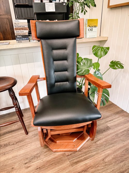 Handcrafted Amish swivel glider, rocker with solid hardwood frame and cushion seat