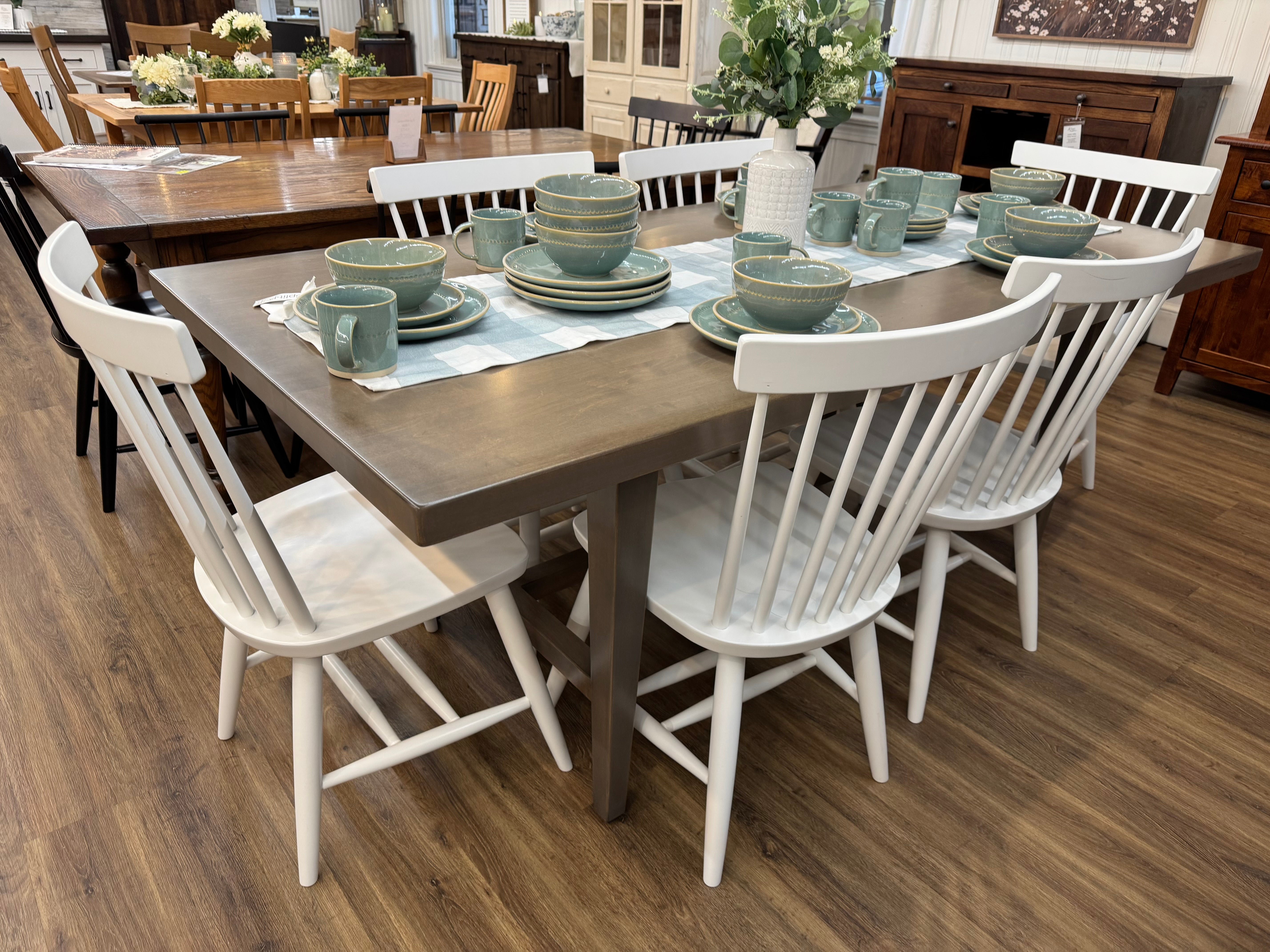 Amish made Wheaton dining table in solid maple, with  six white chairs - handcrafted furniture in Lancaster Pennsylvania