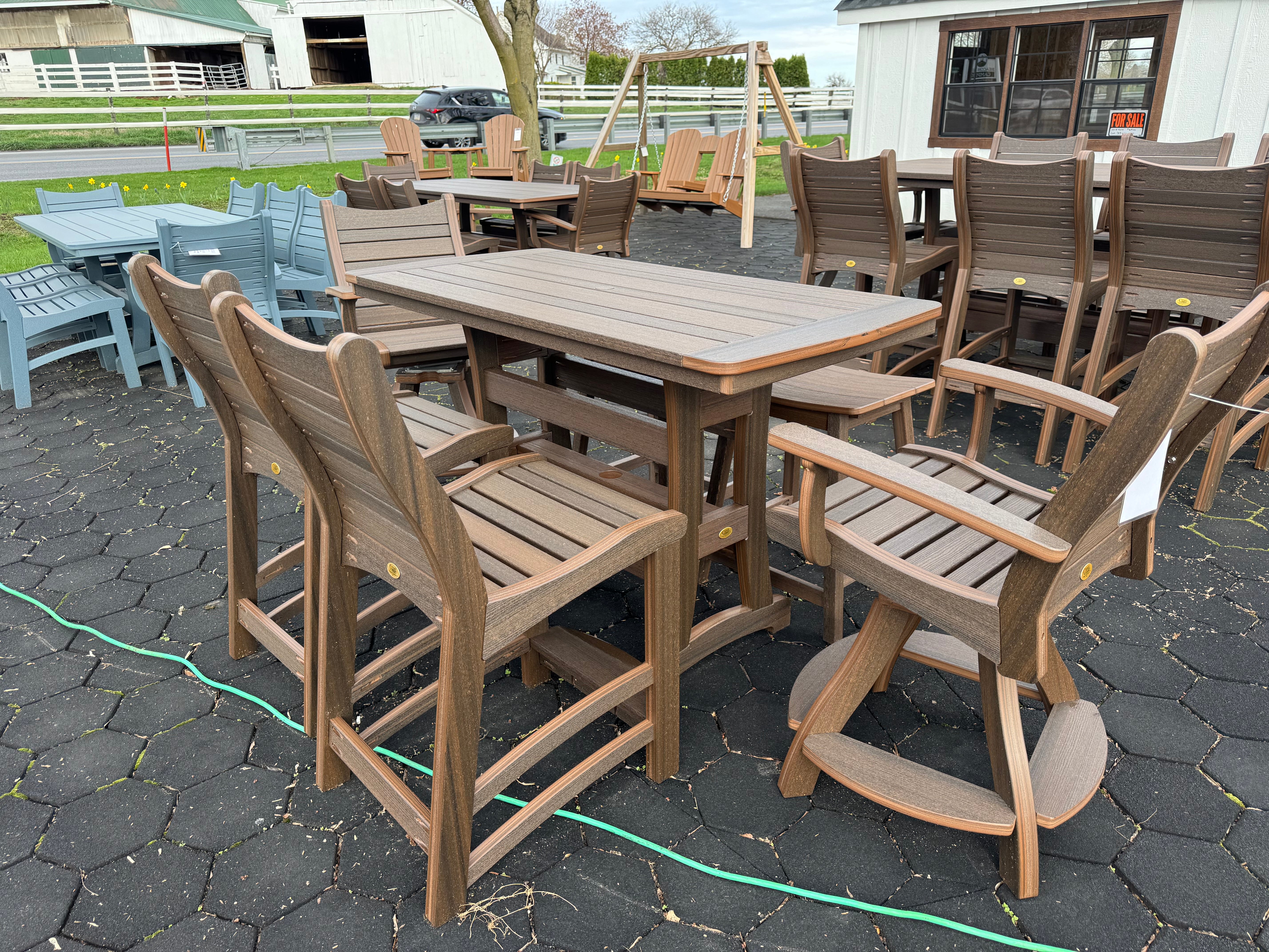 Amish made Bayshore outdoor pub table with  two matching swivel chairs, two side chairs, and two stools - outdoor patio furniture 