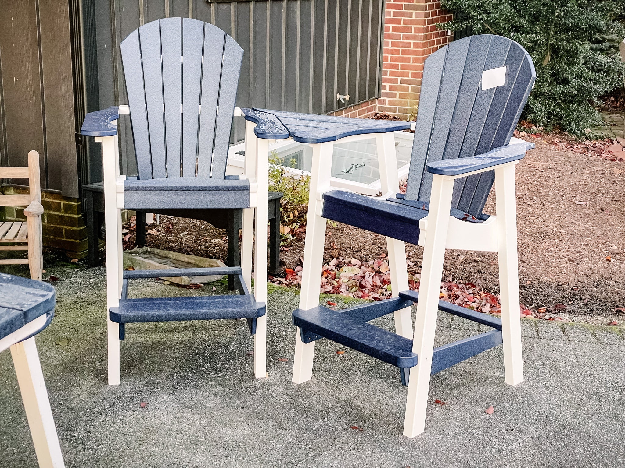 Ocean side, pub settee patio chair set in blue and white - Lancaster outdoor furniture