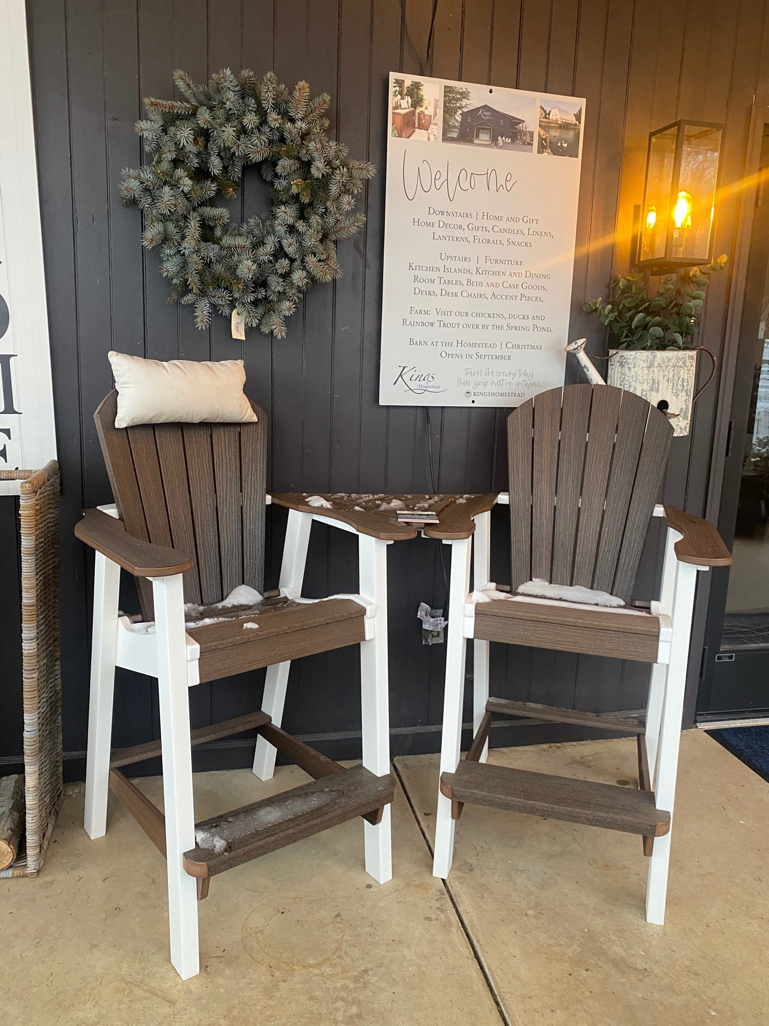 Ocean side, pub settee patio chair set in brown and white - Lancaster outdoor furniture