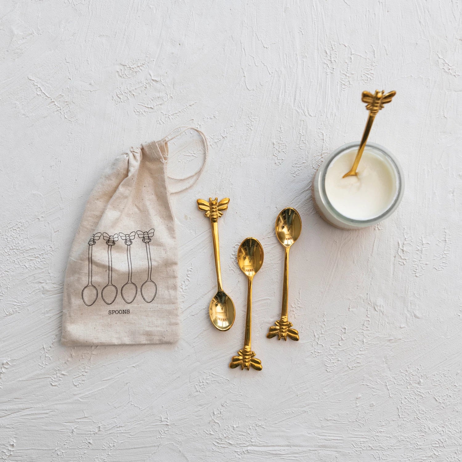 Brass Spoons w/ Bees, Set of 4 in Printed Drawstring Bag